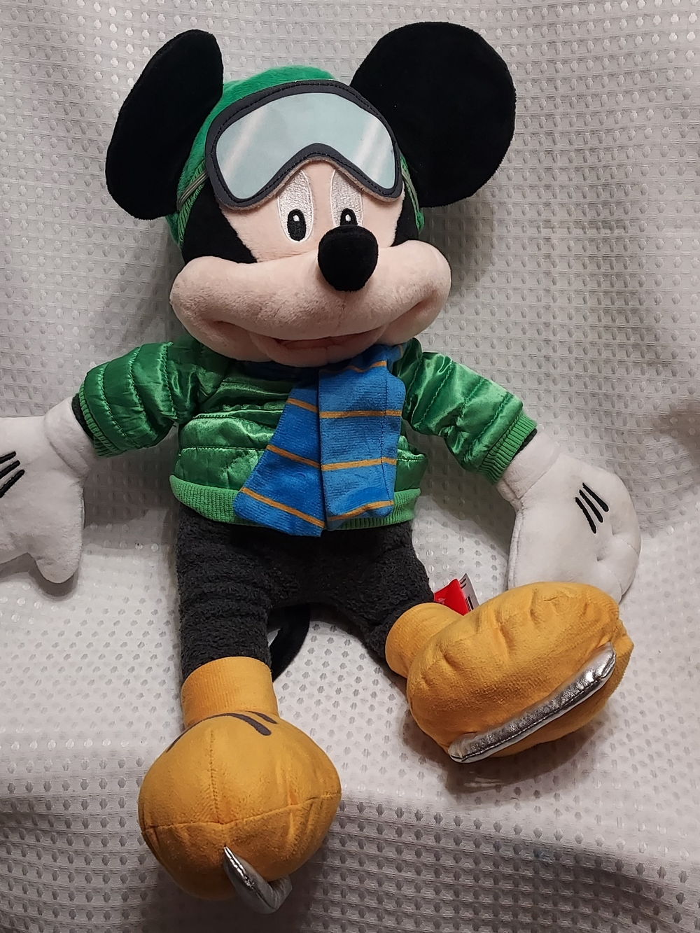 Disney Mickey Mouse Plush in Green Jacket with Blue Scarf and Yellow Shoes